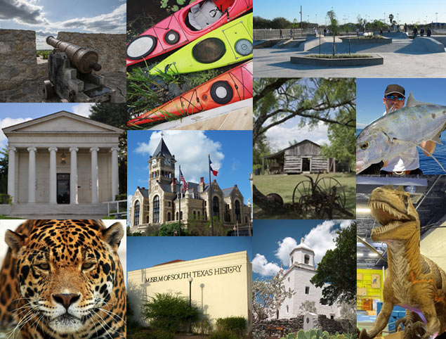 Photo collage highlighting many of the local attractions: a cannon from the 1800s aiming out over the ramparts of a historic fortress, three colorful kayaks sitting in calm water by a dock, a wide angle photo of a skateboard park with many undulating concrete ramps and grind rails, the white limestone facade of the Nave Museum featuring grand classical columns at the entrance, the multicolored brown brick tower of the Victoria County Courthouse with the US and Texas flags flying in front, an old log cabin from the 1800s under the branches of an old oak tree, a fisherman holding up a huge silvery fish he just caught while fishing from a boat in the Gulf of Mexico, a closeup of a jaguar's face as it stares intently, the grand rectangular front of the Museum of South Texas History, the belltower and whitewashed walls of the historical mission buildilng of Presidio La Bahia, and finally a giant Tyrannasaurus Rex baring its menacing teeth inside the Children's Discovery Museum.