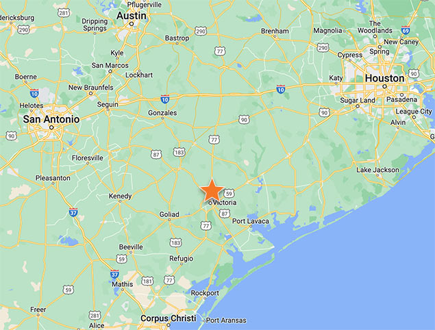 Map of the Texas Gulf Coast area, zoomed out far enough to show all the highways connecting the major cities of San Antonio, Austin, Houston, and Corpus Christi. Victoria sits in the middle of them, labeled with an orange star.